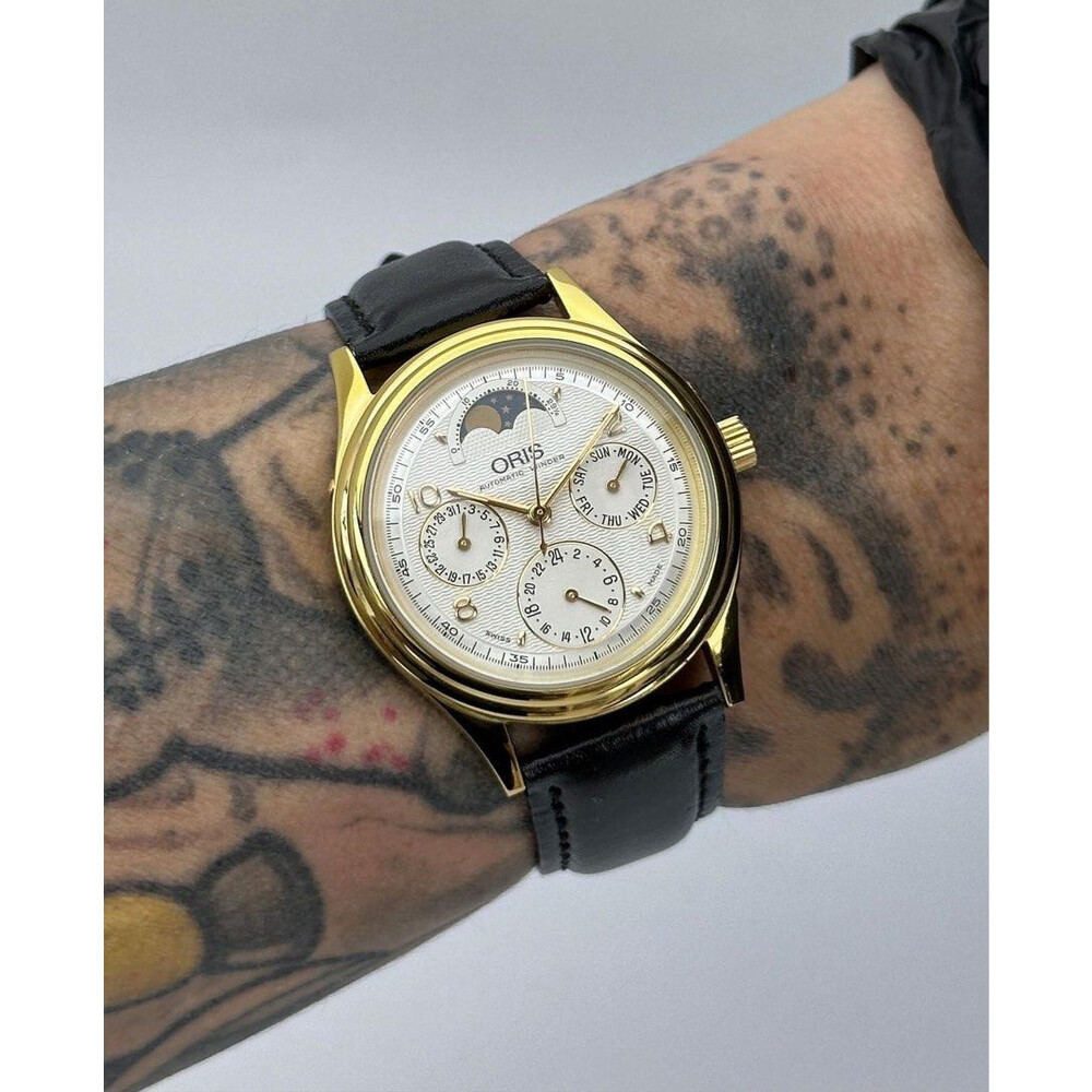 SOLD 35mm Oris Gold Moon Phase Triple Calendar Complication E S Watches